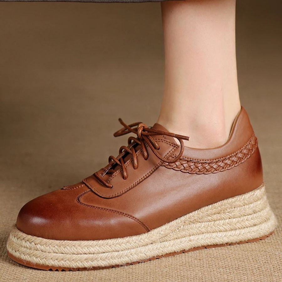 Wedge Espadrille Women - EAGSITY 암소 가죽 브라운 옥스포드 신발