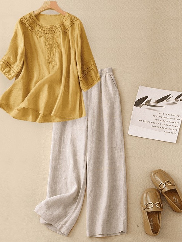 고급 면마 린넨 세트 여성 여름 패셔너블 자수 셔츠 와 - Linen Pant Wide 리뷰 및 가격